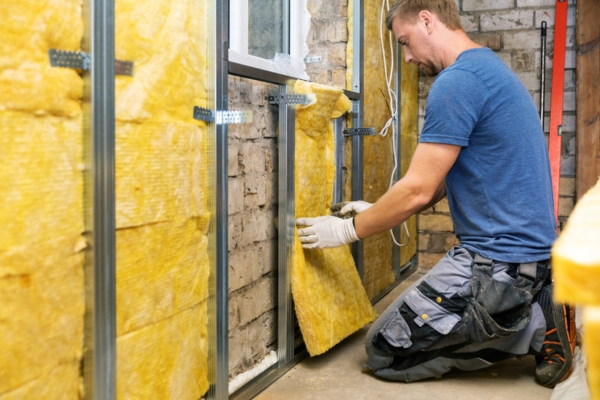 worker insulating basement walls