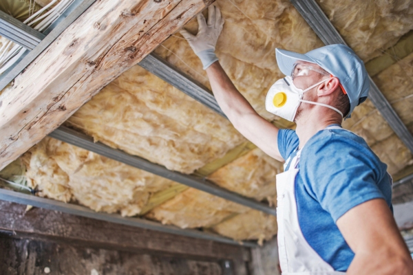 insulation contractor inspecting old attic insulation for maintenance