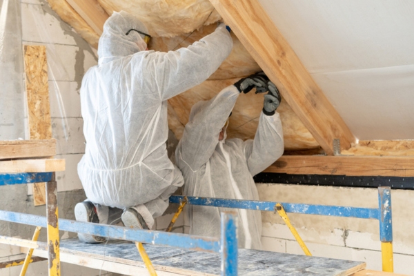 professional workers in full body suit installing home insulation