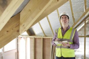 professional inspector doing insulation inspection on a new house