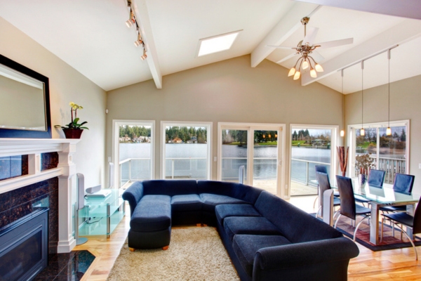 living room and dining room with cathedral ceiling