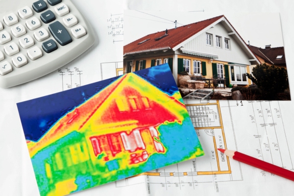 photo and thermal image of a house, a blueprint, and calculator depicting planning insulation project