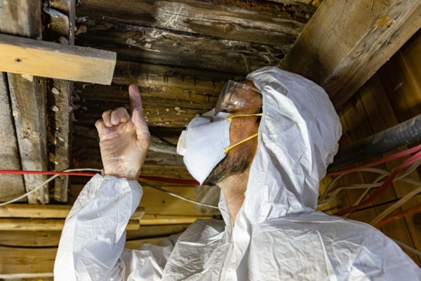 worker inspecting home depicting insulation challenges